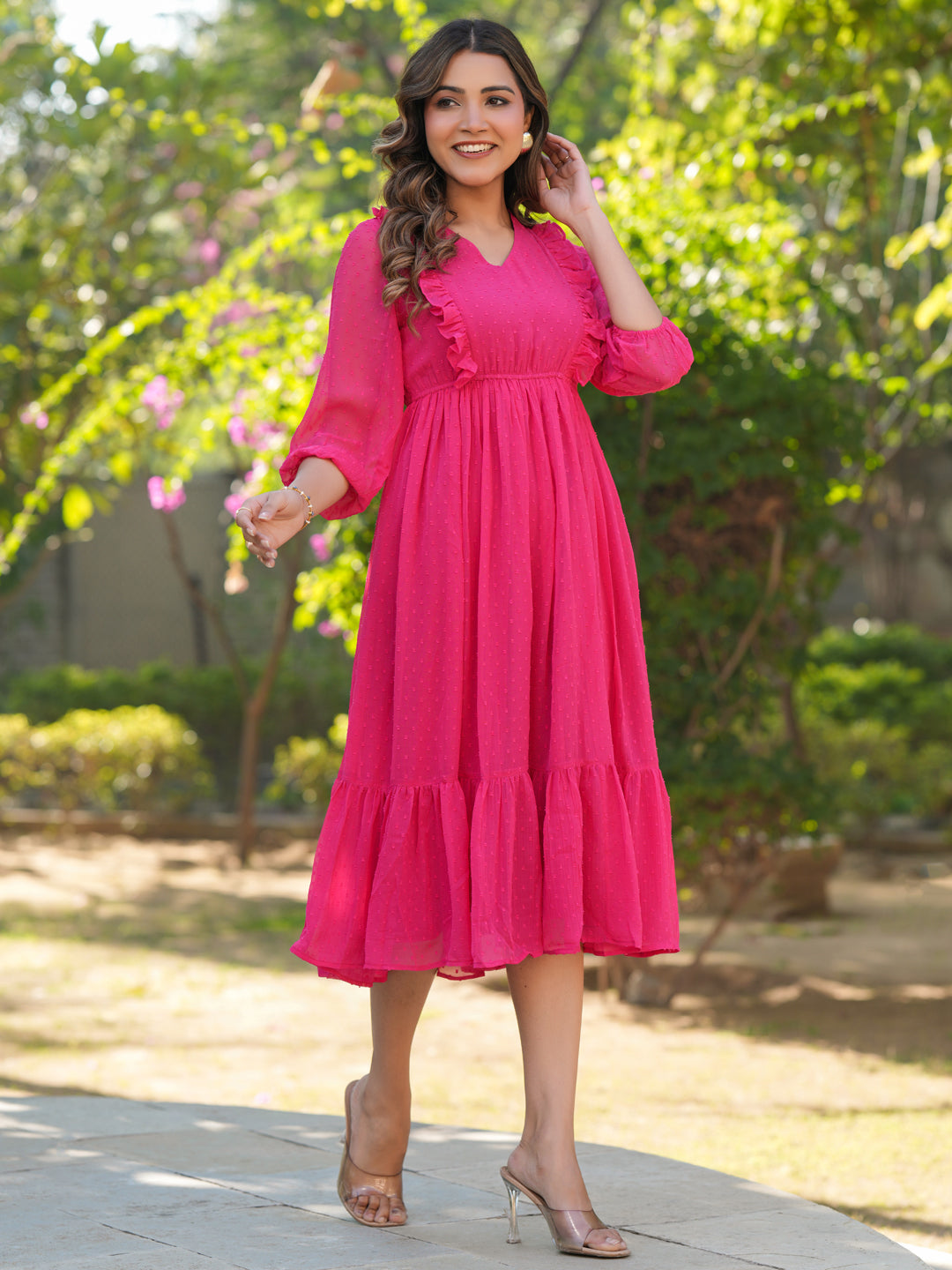 Janasya Bright Dobby Chiffon Self Design Fit & Flare Dress | Swadesiicart