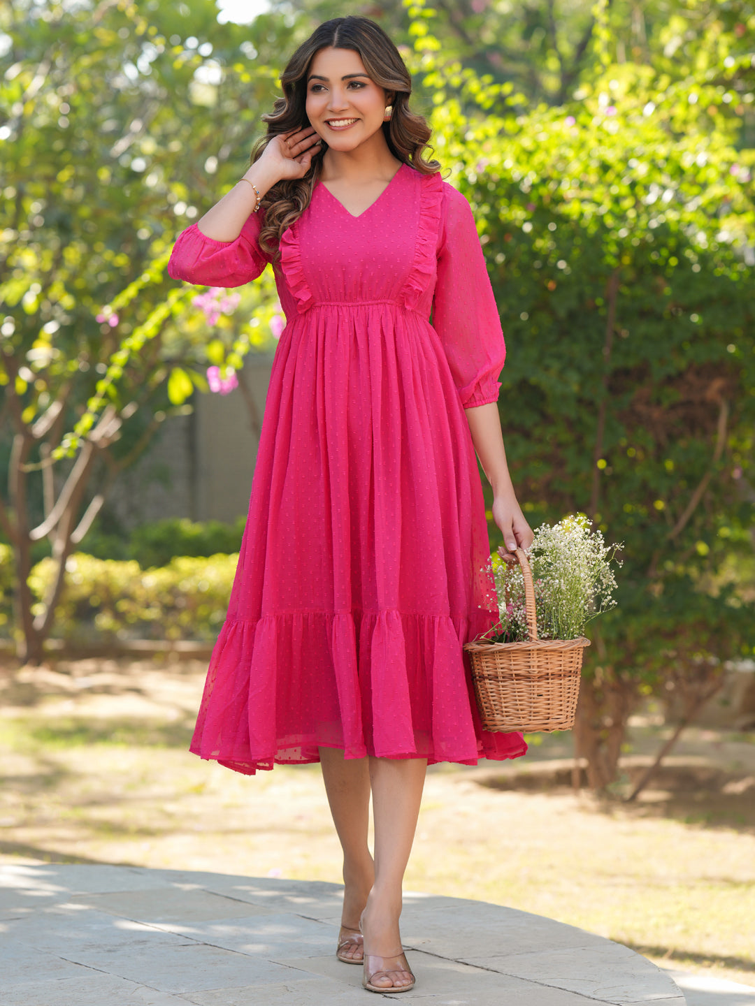 Janasya Bright Dobby Chiffon Self Design Fit & Flare Dress | Swadesiicart