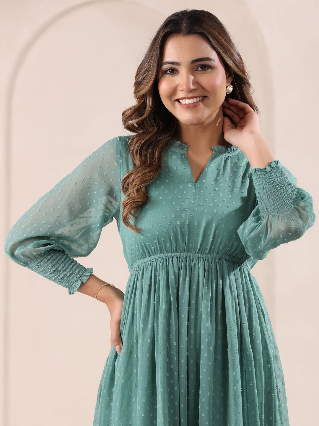 Janasya Dark Dobby Chiffon Self Design Fit & Flare Dress | Swadesiicart