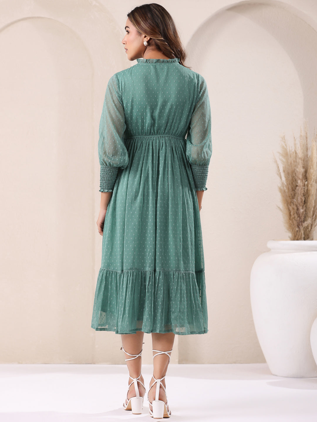 Janasya Dark Dobby Chiffon Self Design Fit & Flare Dress | Swadesiicart