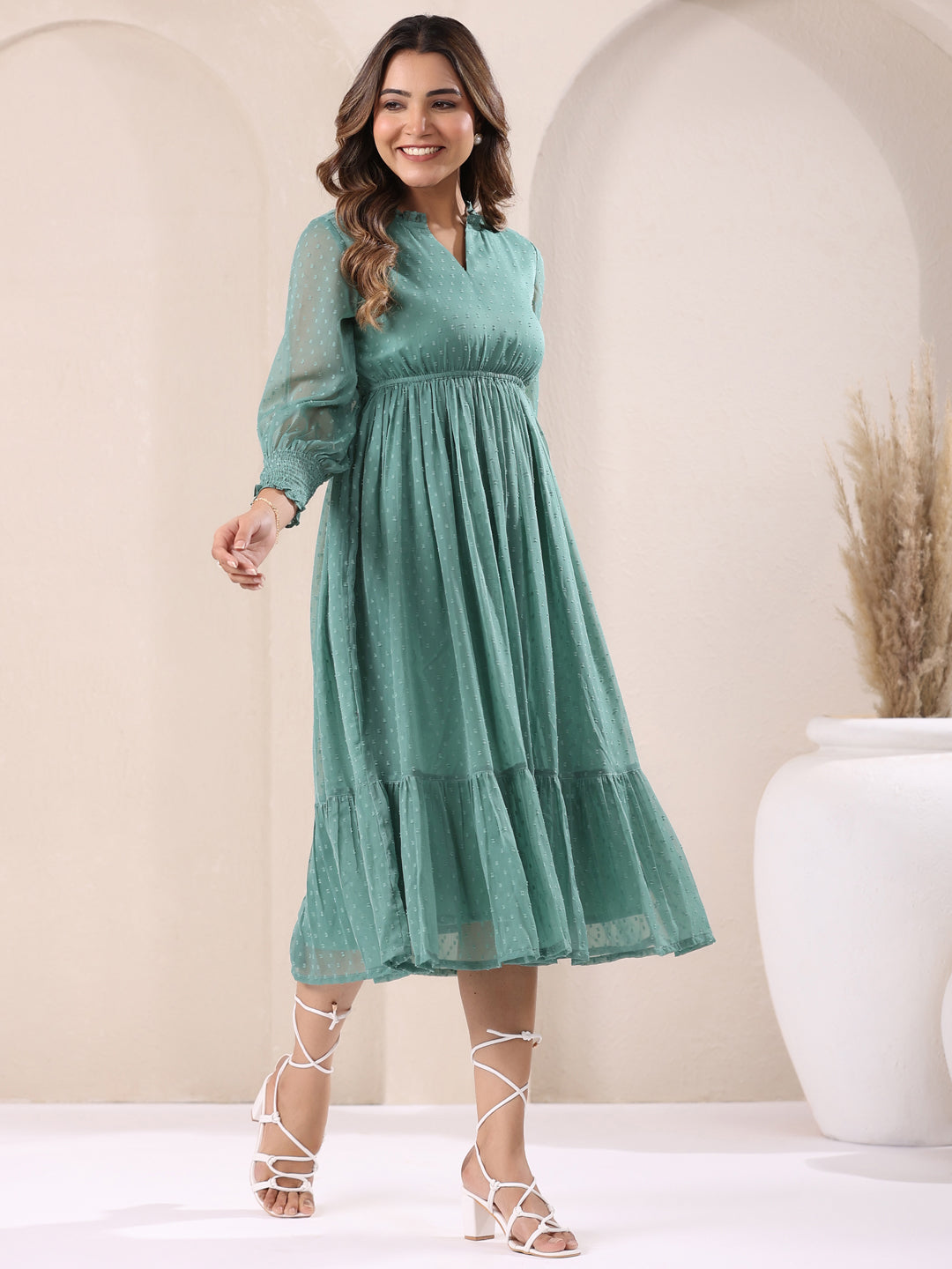 Janasya Dark Dobby Chiffon Self Design Fit & Flare Dress | Swadesiicart