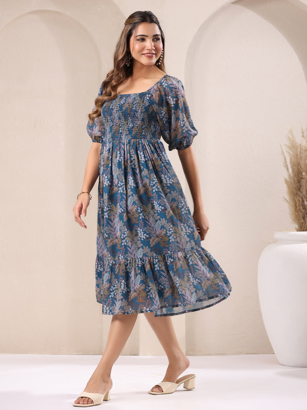 Janasya Dark Georgette Floral A-Line DRESS | Swadesiicart