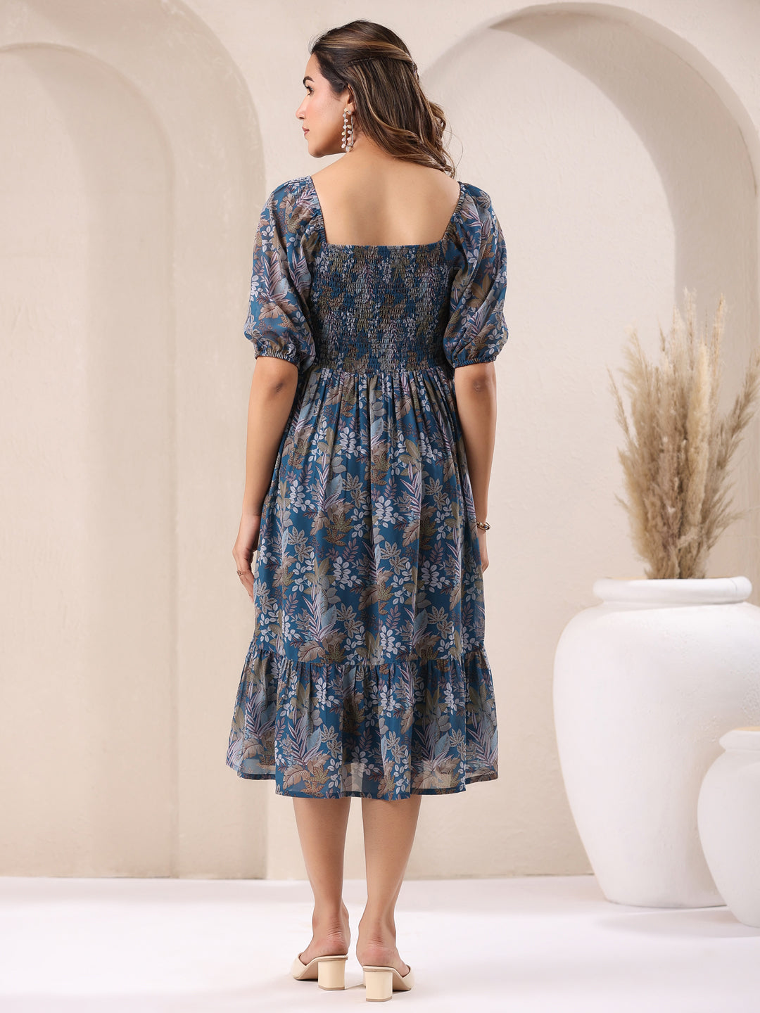 Janasya Dark Georgette Floral A-Line DRESS | Swadesiicart