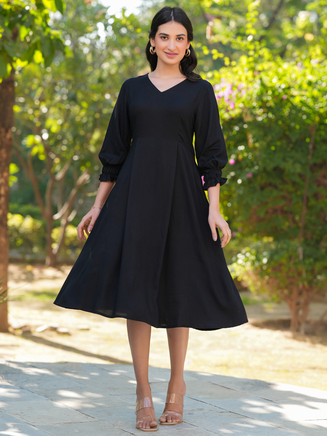 Janasya Dark Rayon Solid A-Line Dress | Swadesiicart