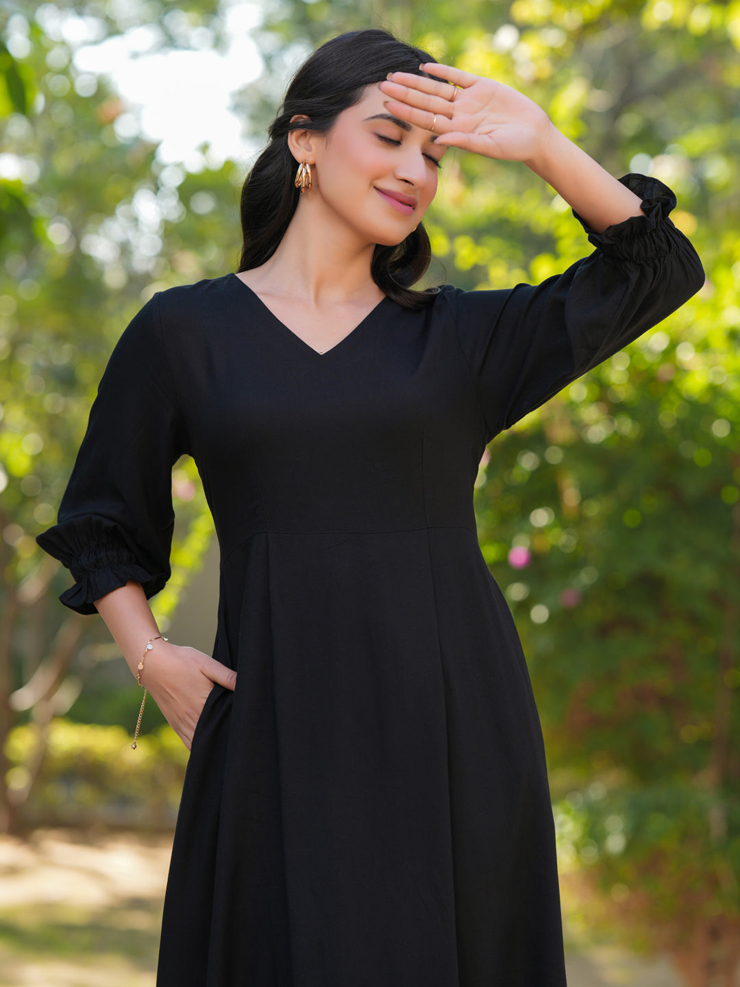 Janasya Dark Rayon Solid A-Line Dress | Swadesiicart