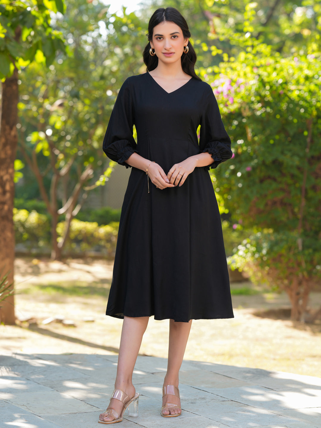 Janasya Dark Rayon Solid A-Line Dress | Swadesiicart