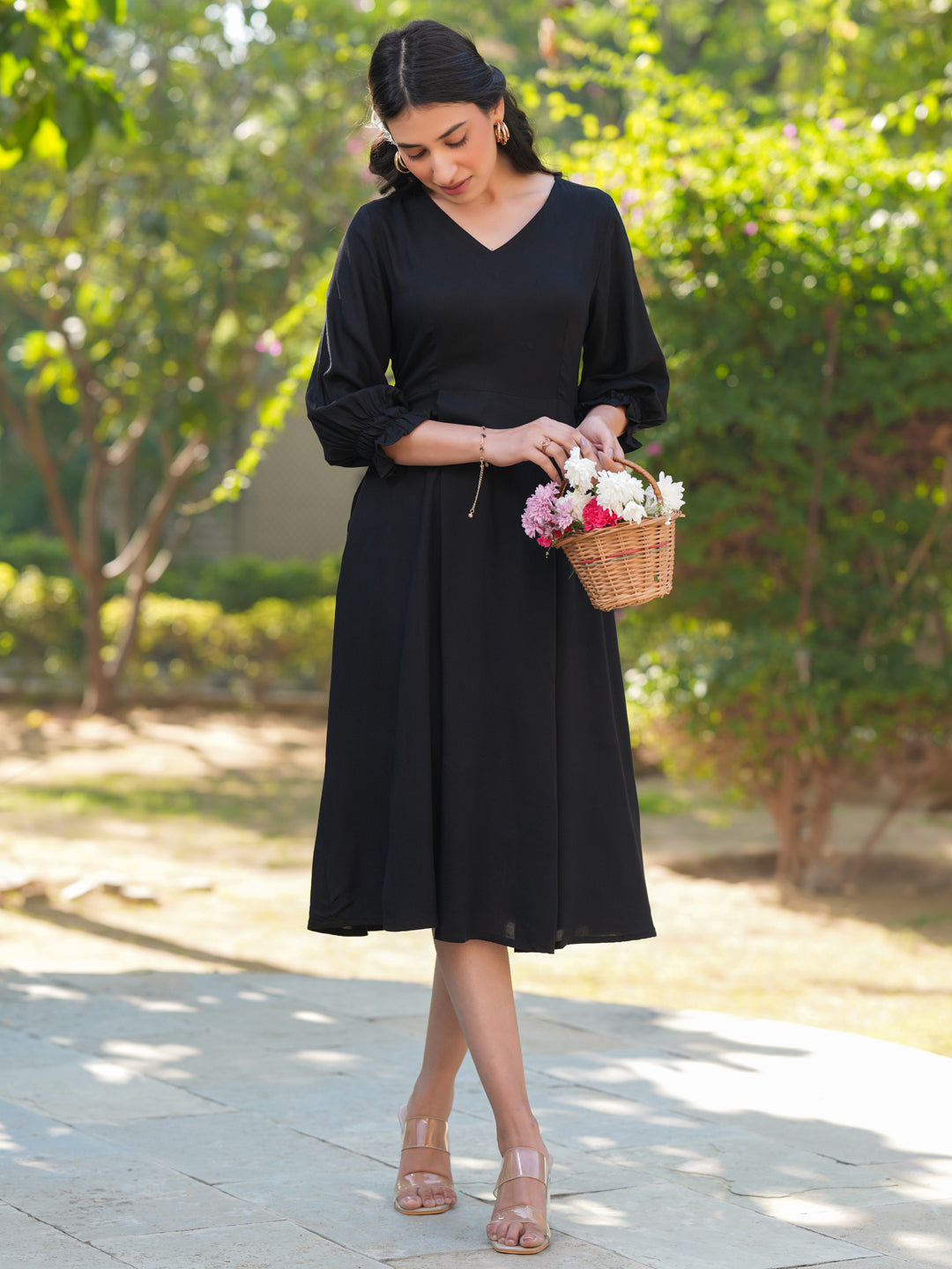 Janasya Dark Rayon Solid A-Line Dress | Swadesiicart