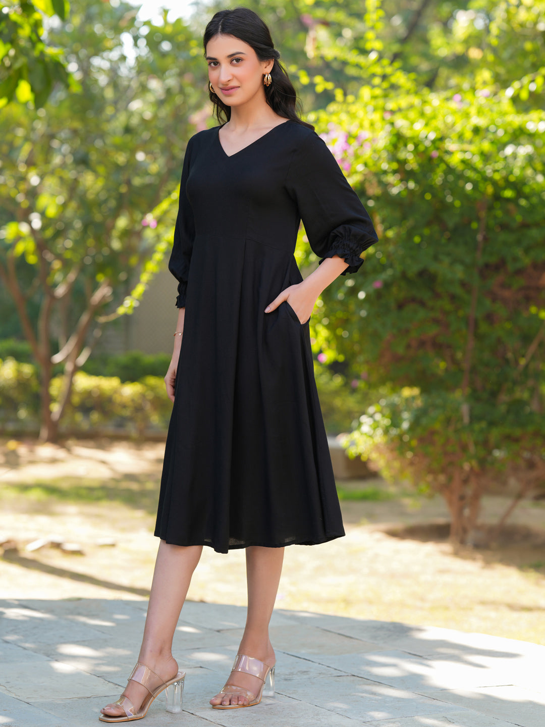 Janasya Dark Rayon Solid A-Line Dress | Swadesiicart