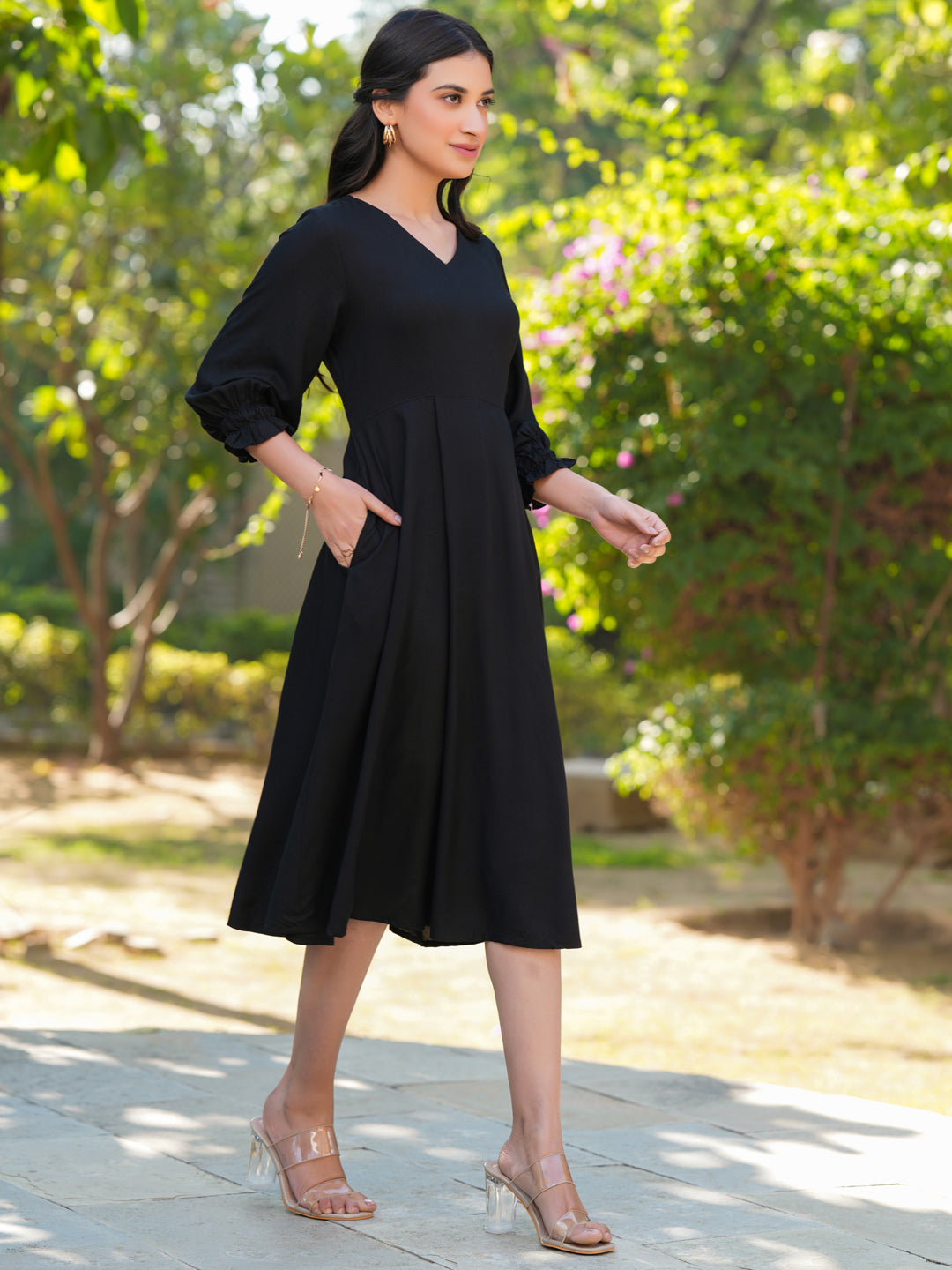 Janasya Dark Rayon Solid A-Line Dress | Swadesiicart