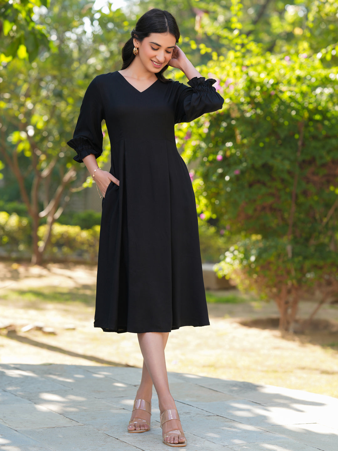 Janasya Dark Rayon Solid A-Line Dress | Swadesiicart