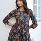 Janasya Dark Cotton Floral A-Line DRESS | Swadesiicart
