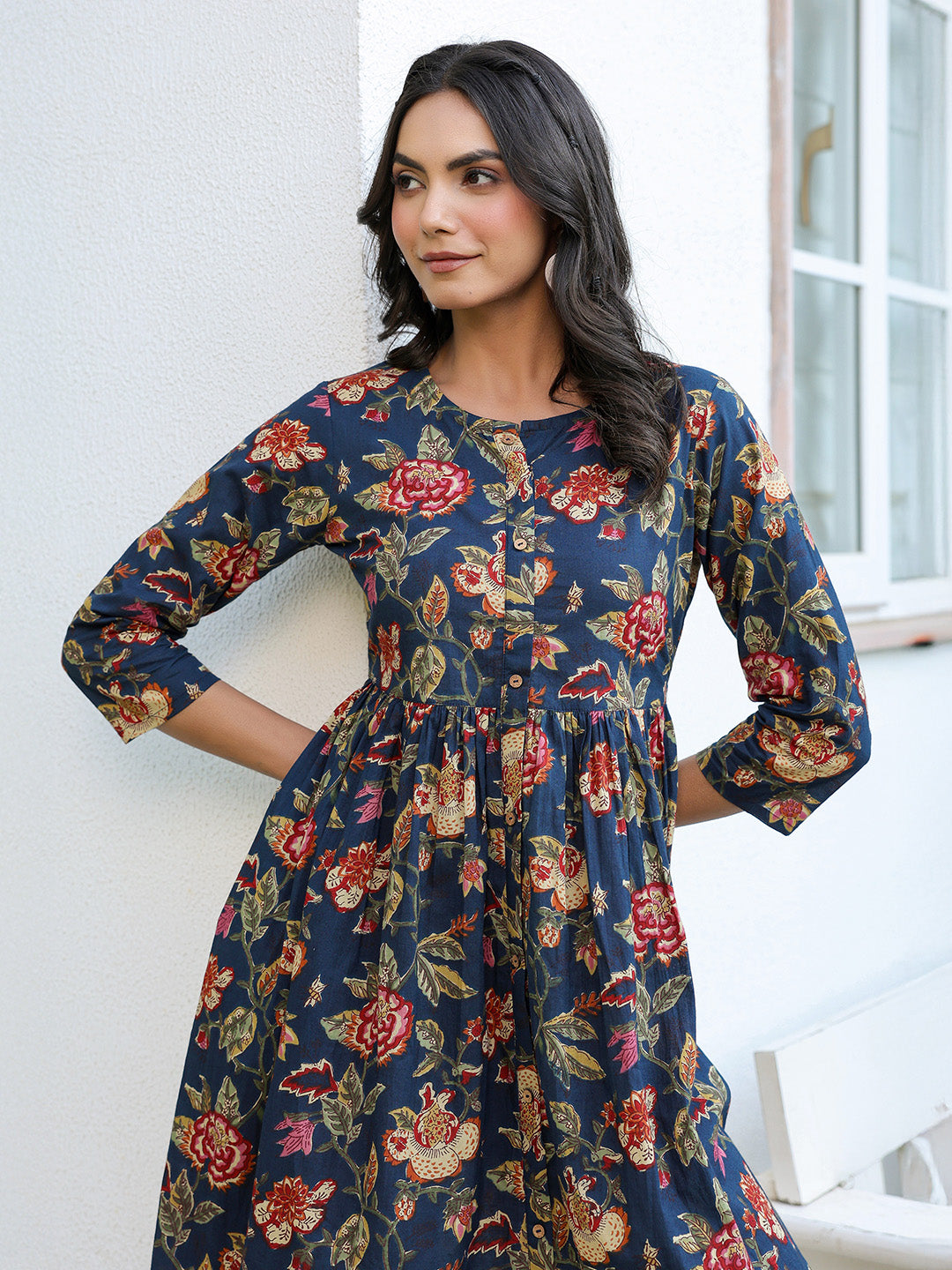 Janasya Dark Cotton Floral A-Line DRESS | Swadesiicart