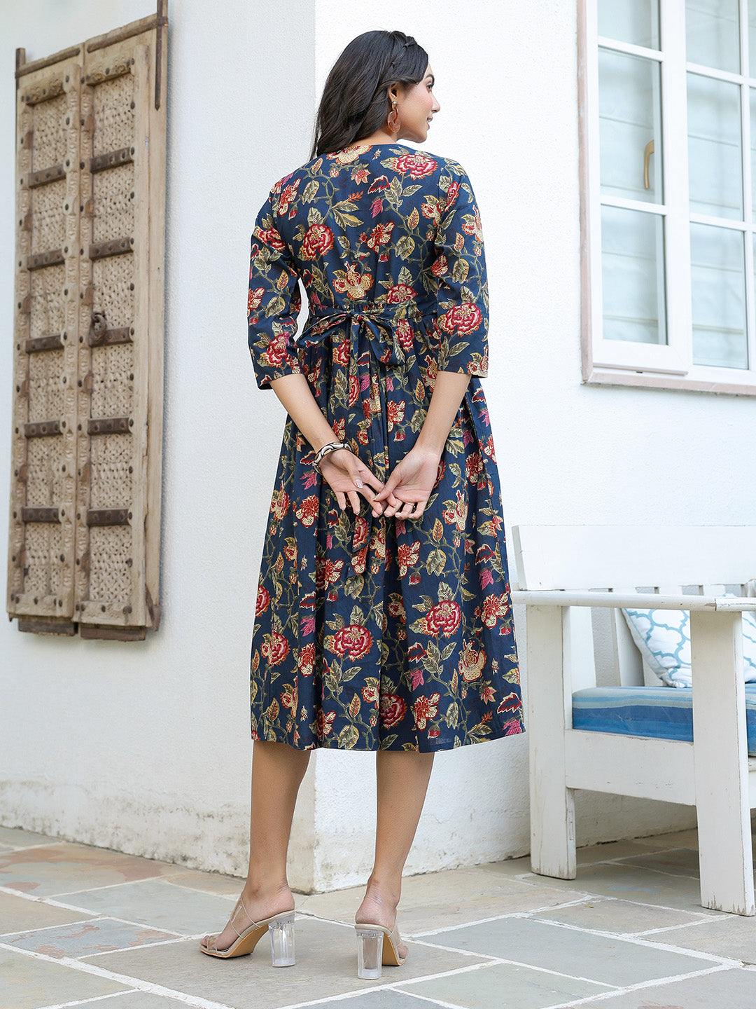 Janasya Dark Cotton Floral A-Line DRESS | Swadesiicart