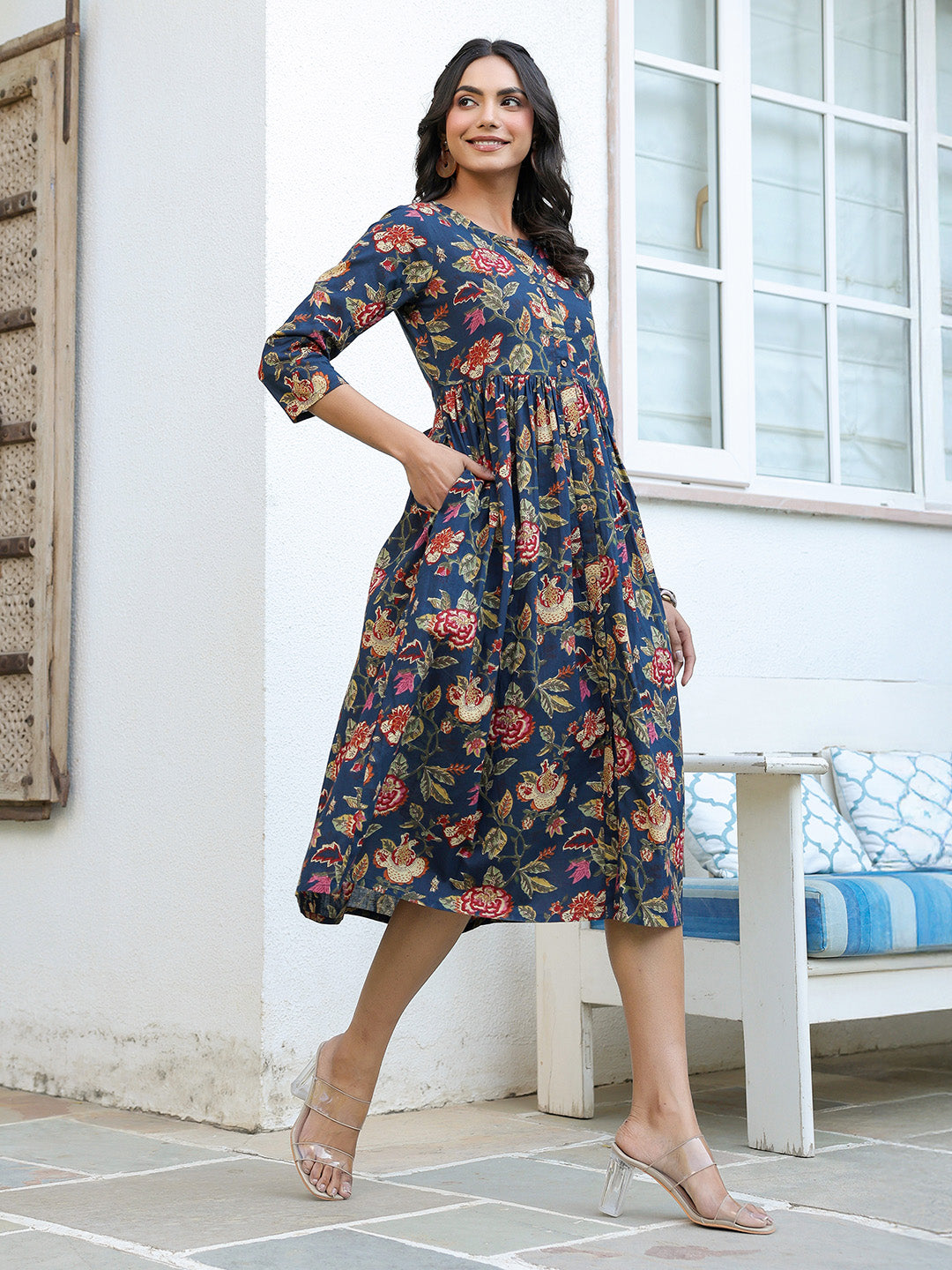 Janasya Dark Cotton Floral A-Line DRESS | Swadesiicart