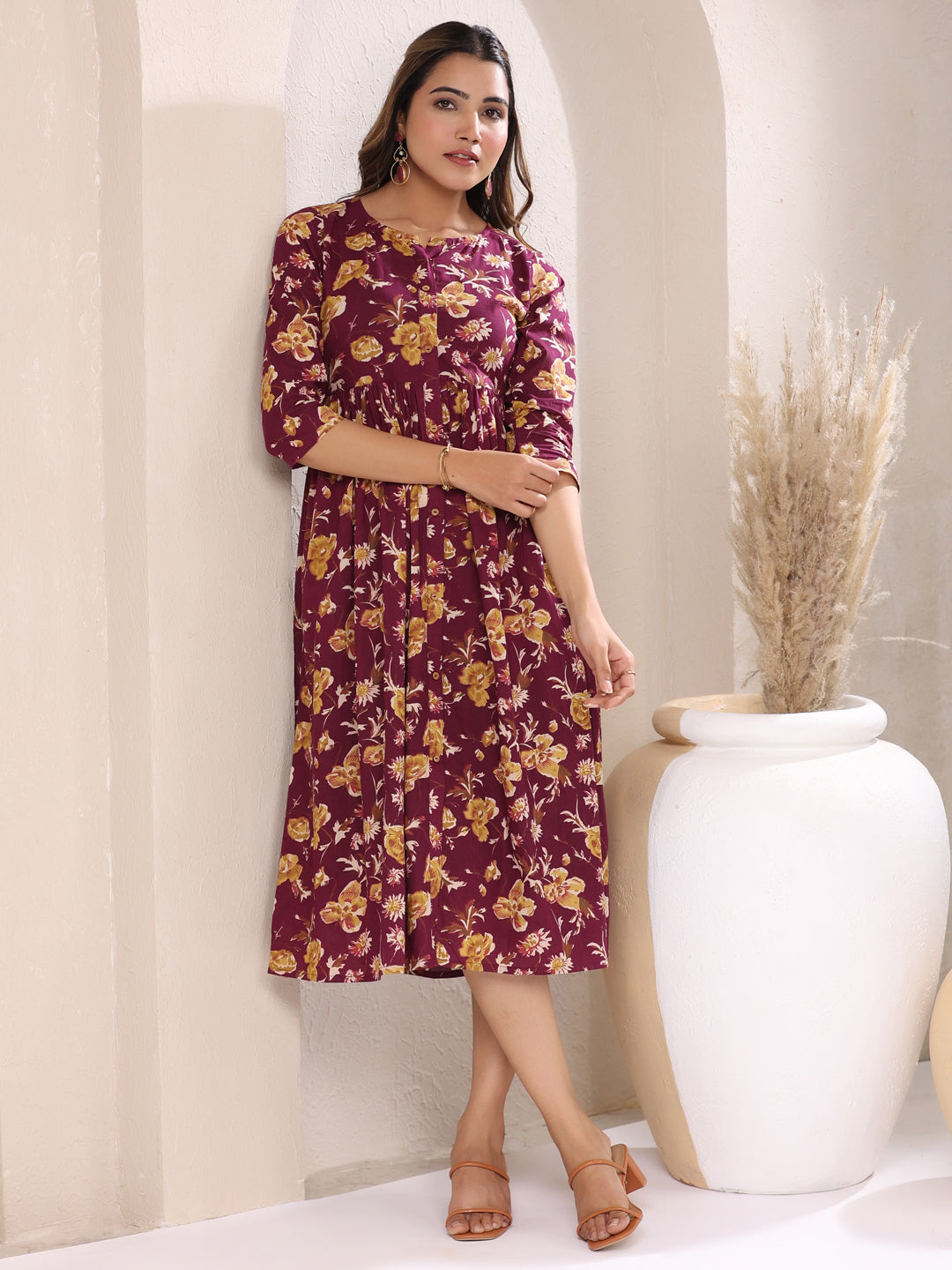 Janasya Dark Cotton Floral Gathered Dress | Swadesiicart