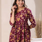 Janasya Dark Cotton Floral Gathered Dress | Swadesiicart