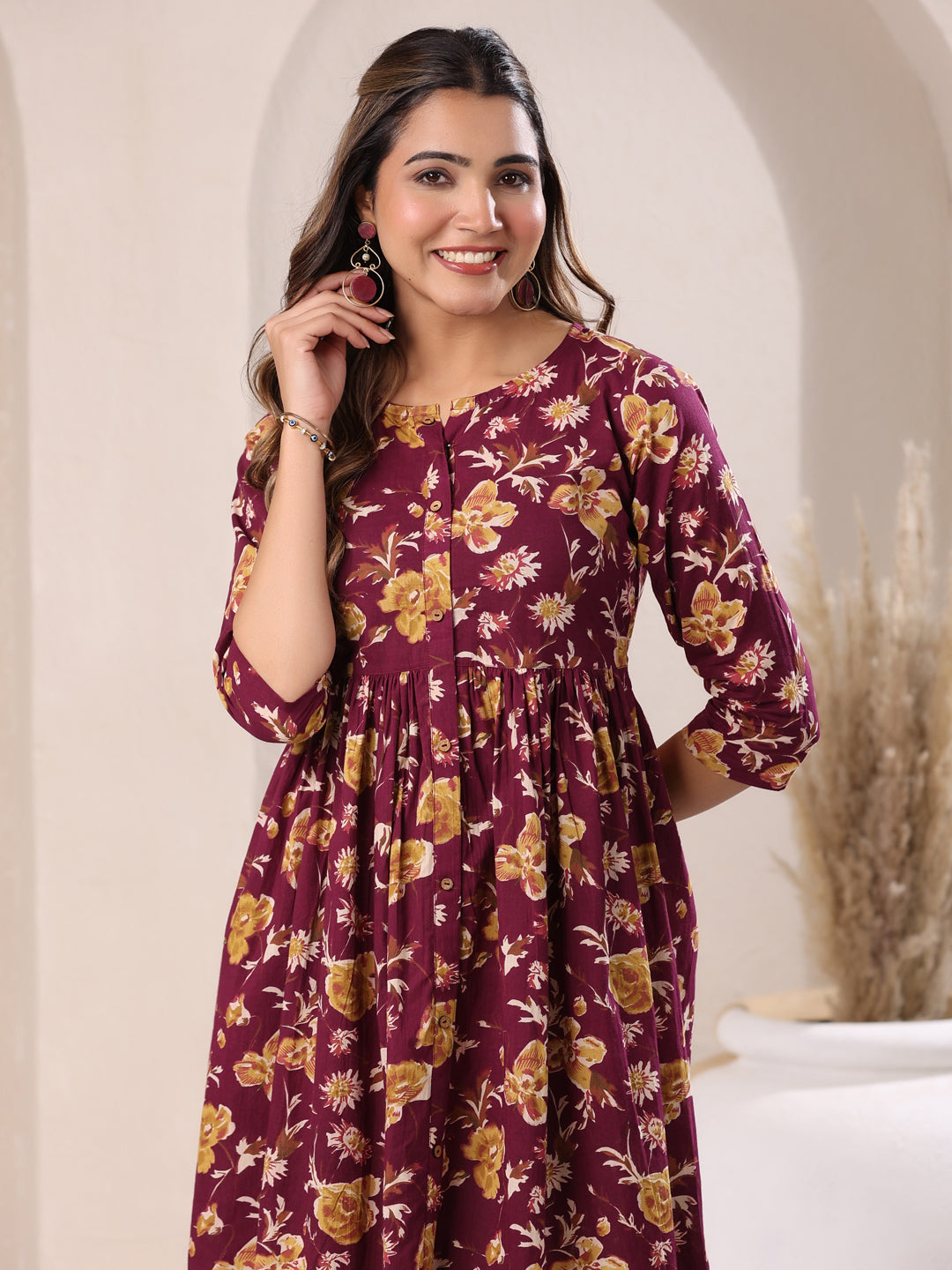 Janasya Dark Cotton Floral Gathered Dress | Swadesiicart