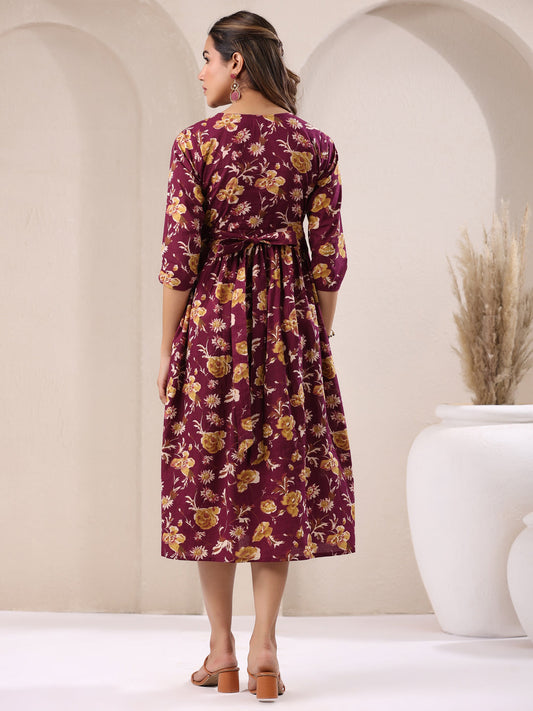 Janasya Dark Cotton Floral Gathered Dress | Swadesiicart
