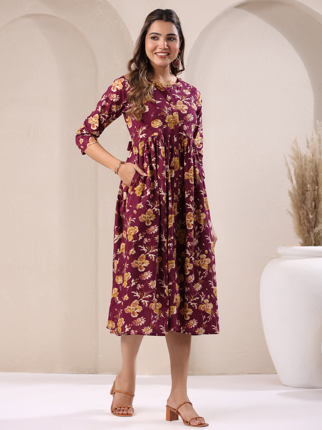 Janasya Dark Cotton Floral Gathered Dress | Swadesiicart