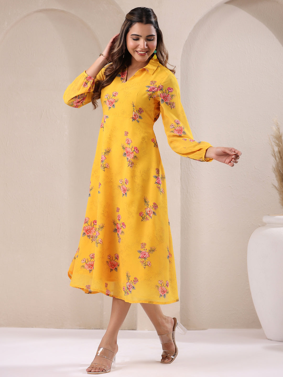 Janasya Bright Georgette Floral A-Line Dress | Swadesiicart