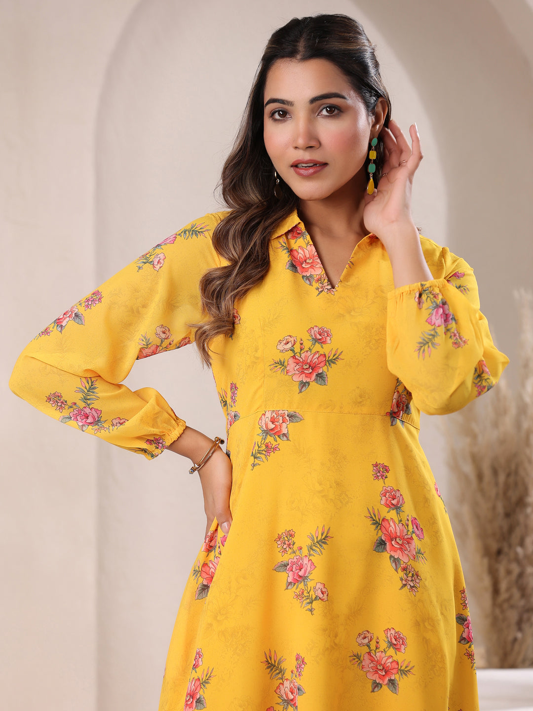 Janasya Bright Georgette Floral A-Line Dress | Swadesiicart