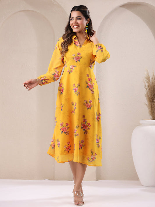Janasya Bright Georgette Floral A-Line Dress | Swadesiicart