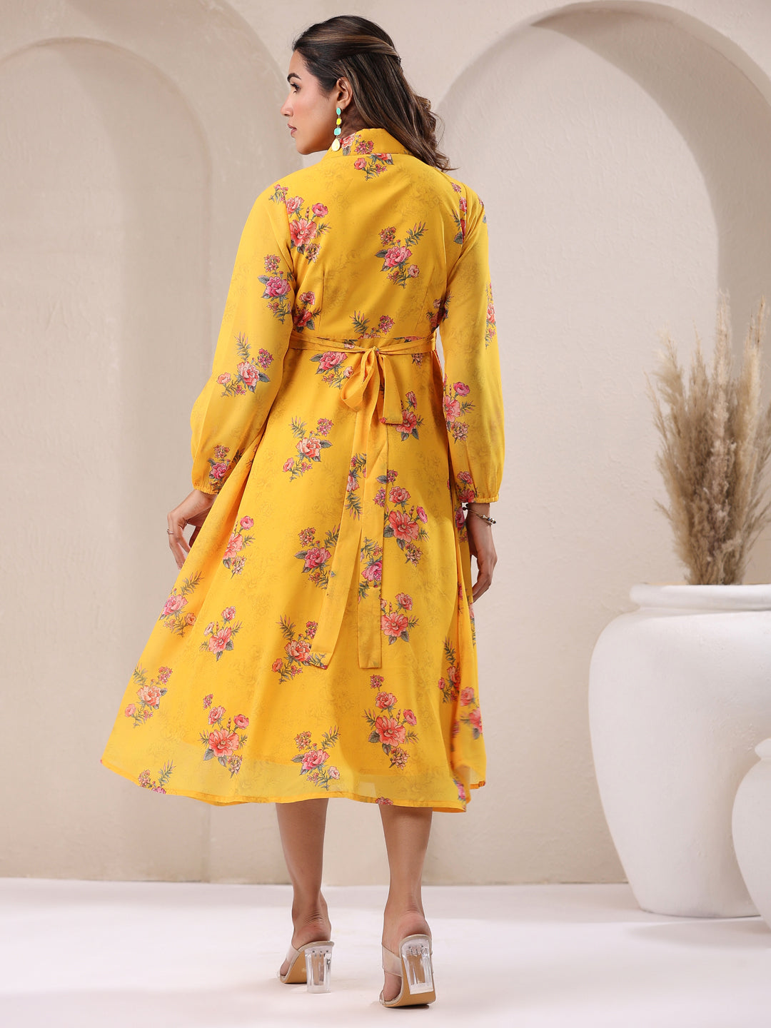 Janasya Bright Georgette Floral A-Line Dress | Swadesiicart