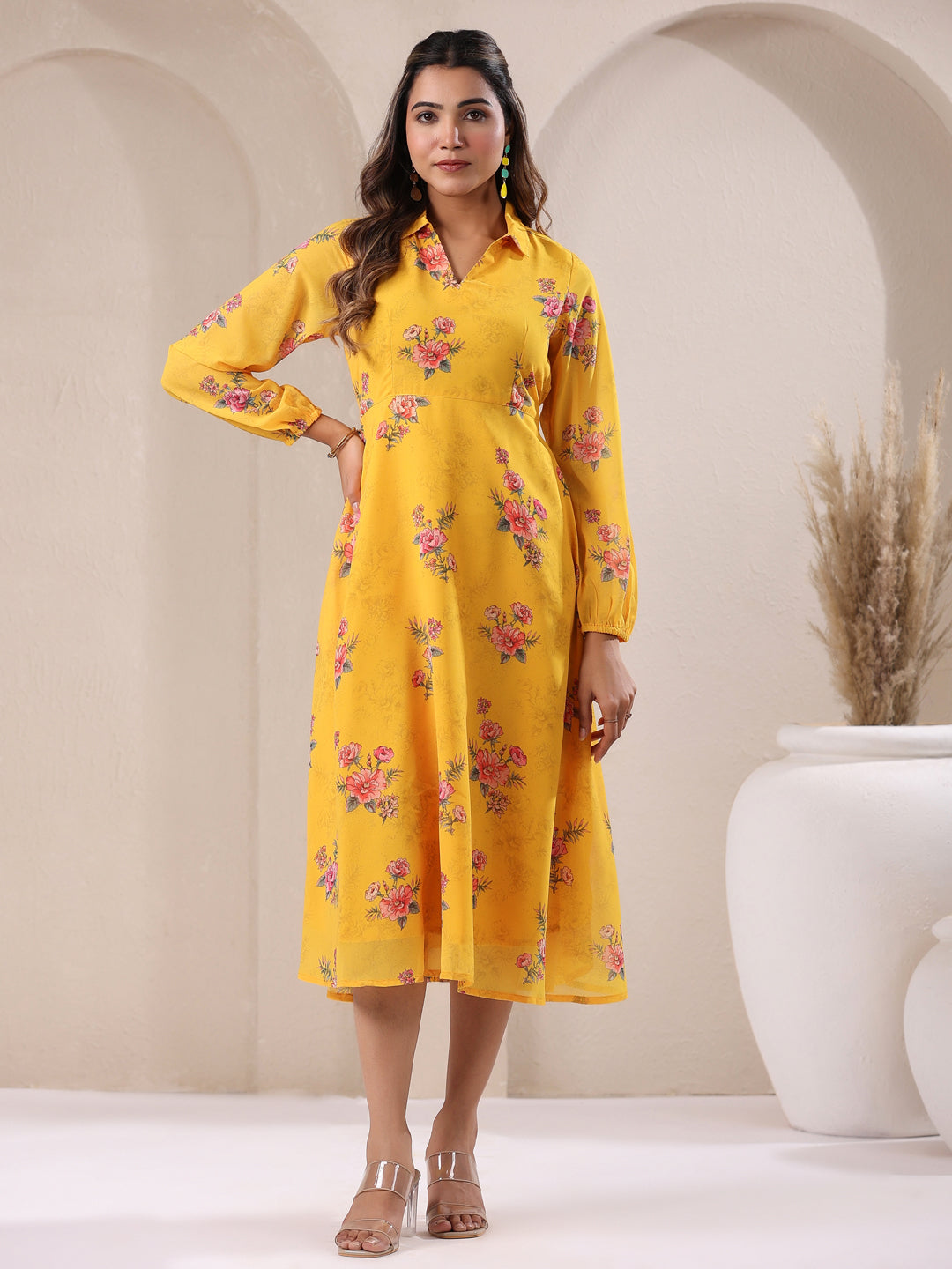 Janasya Bright Georgette Floral A-Line Dress | Swadesiicart