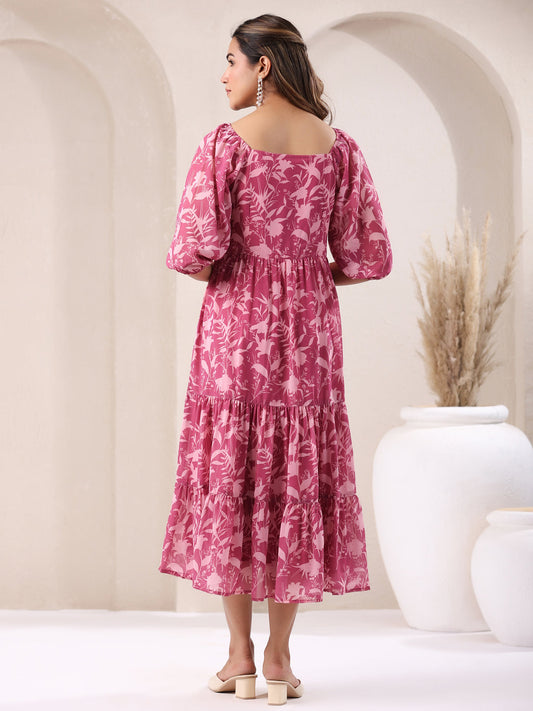 Janasya Dark Georgette Floral Tiered Dress | Swadesiicart