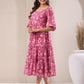 Janasya Dark Georgette Floral Tiered Dress | Swadesiicart
