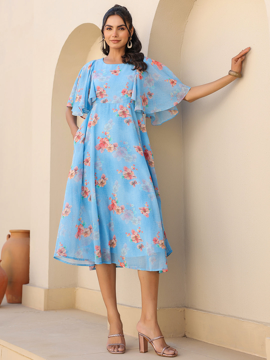 Janasya Bright Georgette Floral A-Line Dress | Swadesiicart