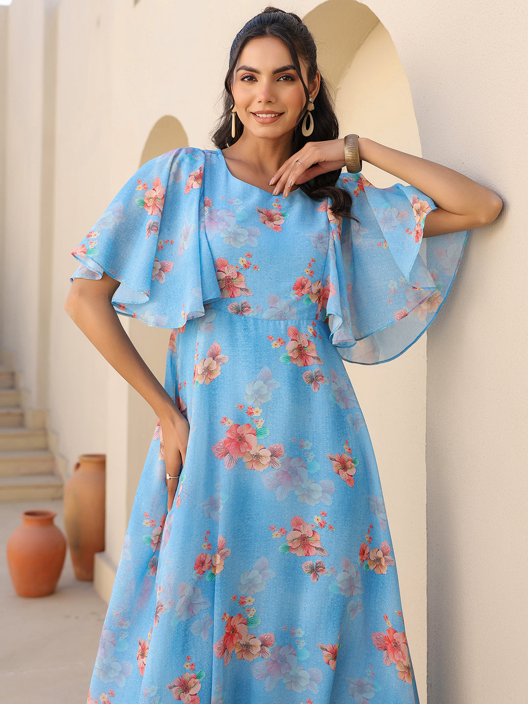 Janasya Bright Georgette Floral A-Line Dress | Swadesiicart