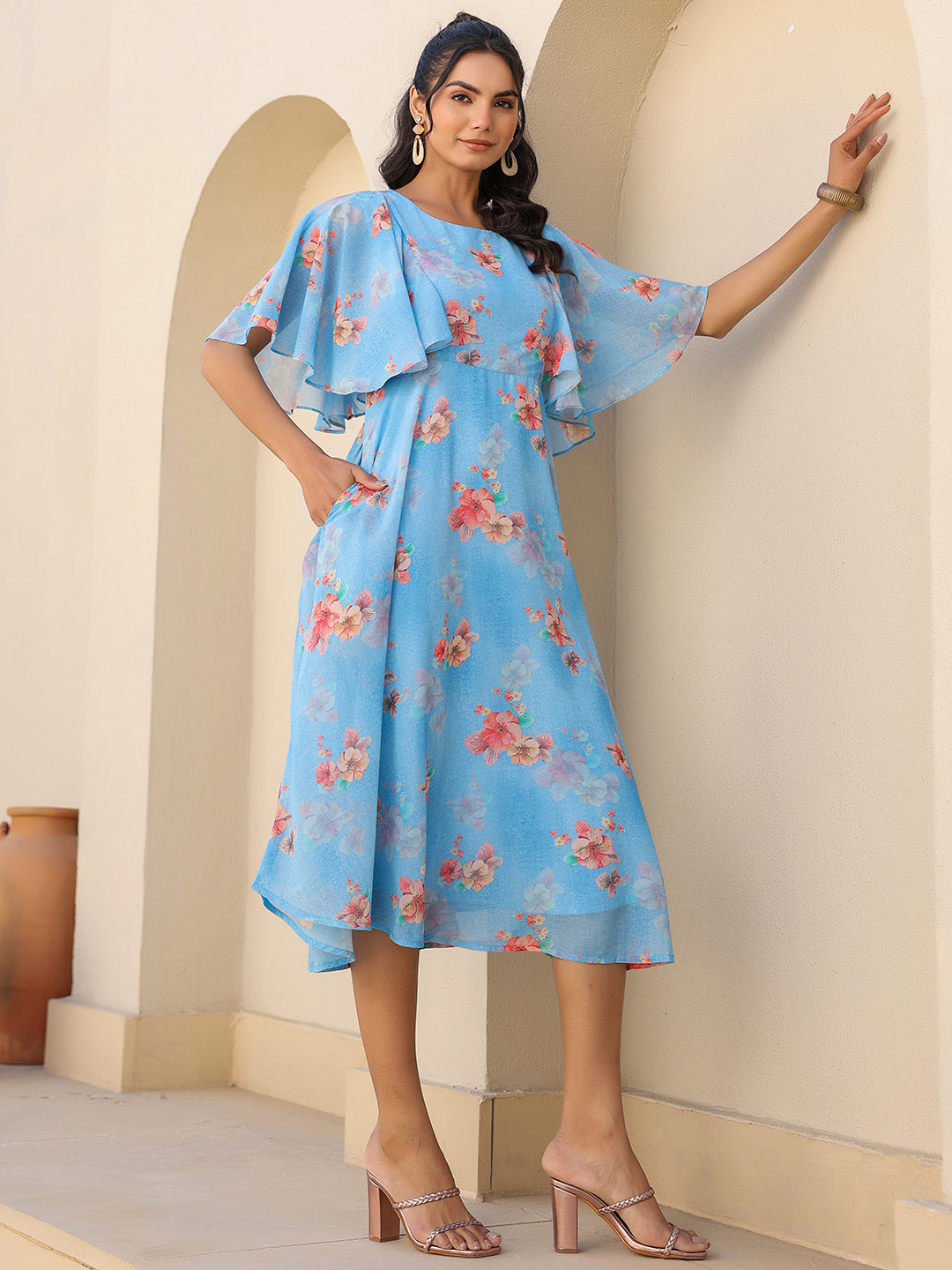 Janasya Bright Georgette Floral A-Line Dress | Swadesiicart