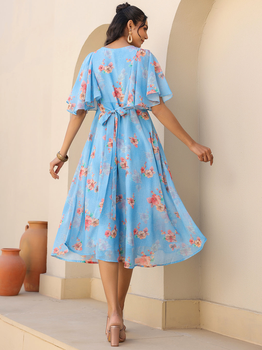 Janasya Bright Georgette Floral A-Line Dress | Swadesiicart