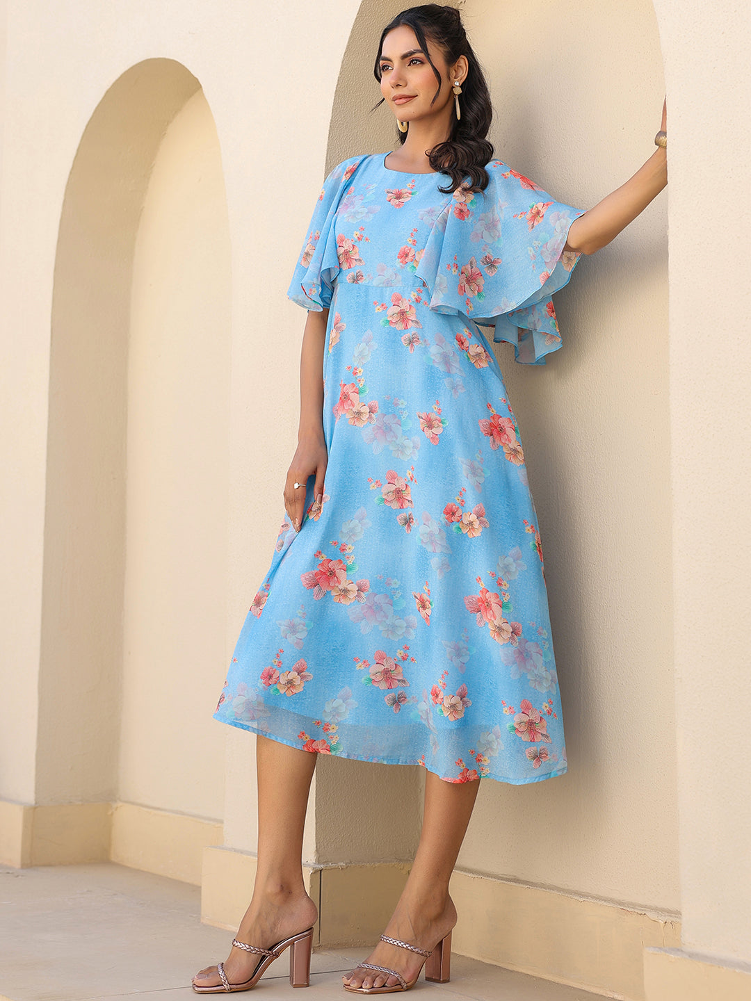 Janasya Bright Georgette Floral A-Line Dress | Swadesiicart