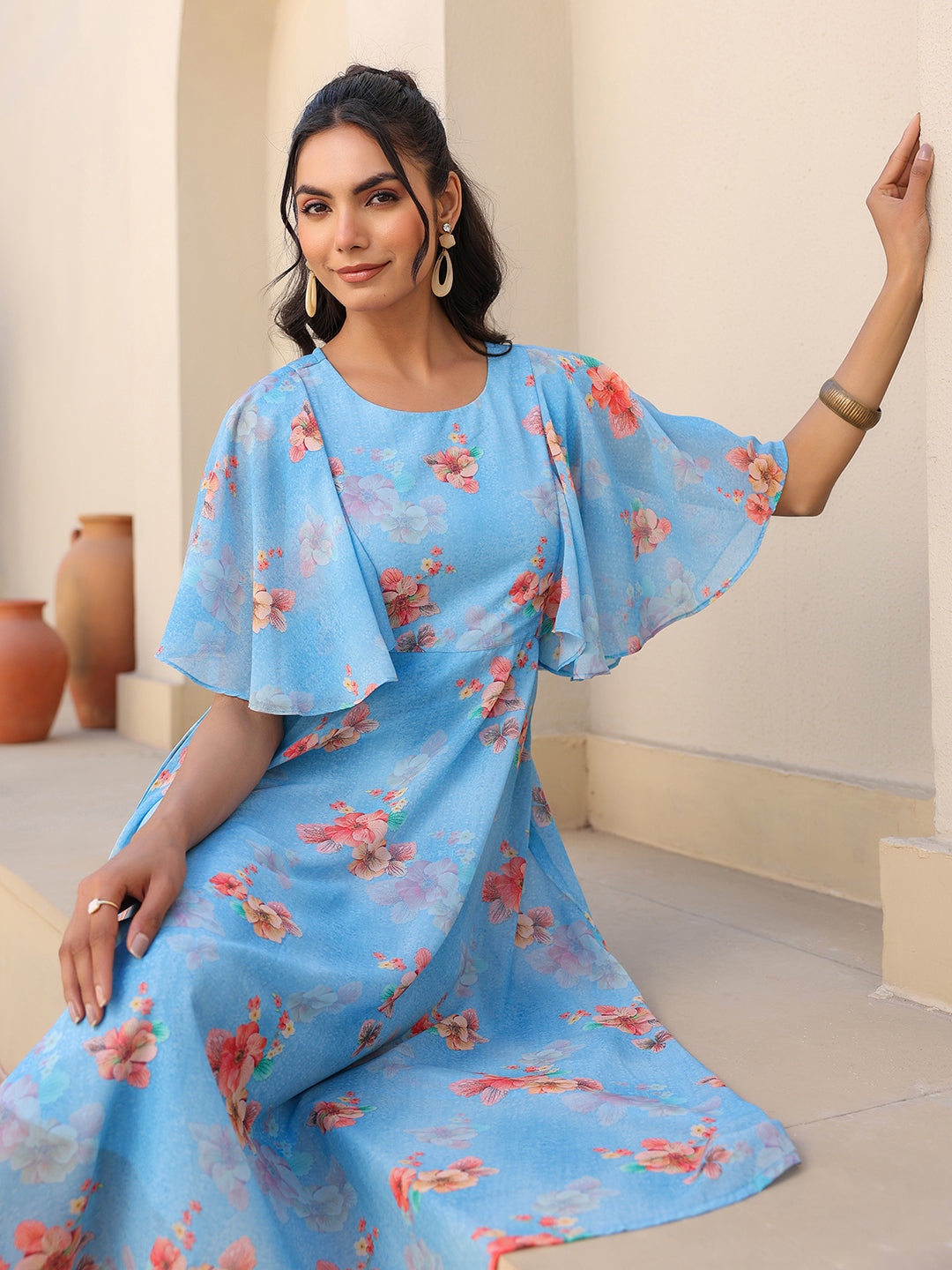 Janasya Bright Georgette Floral A-Line Dress | Swadesiicart