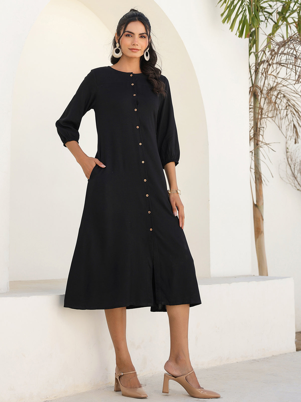 Janasya Dark Rayon Solid A-Line DRESS | Swadesiicart