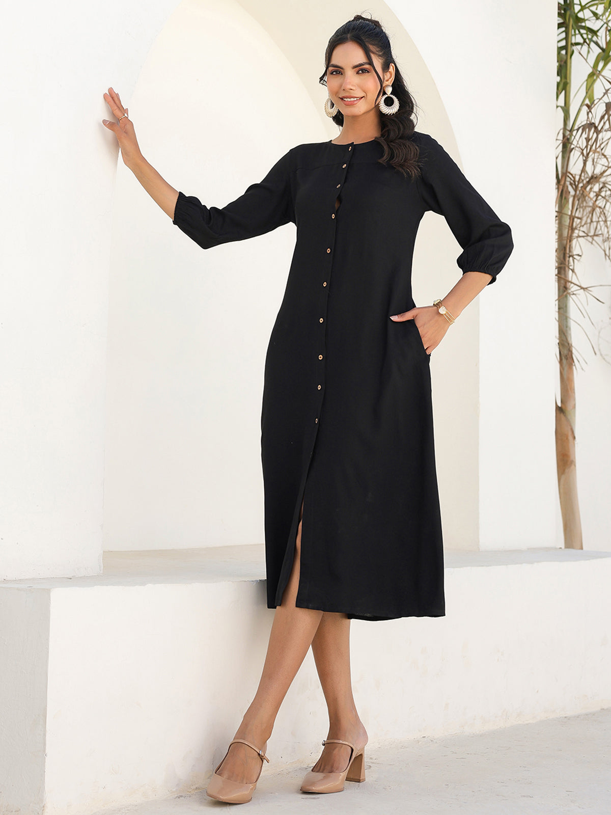 Janasya Dark Rayon Solid A-Line DRESS | Swadesiicart