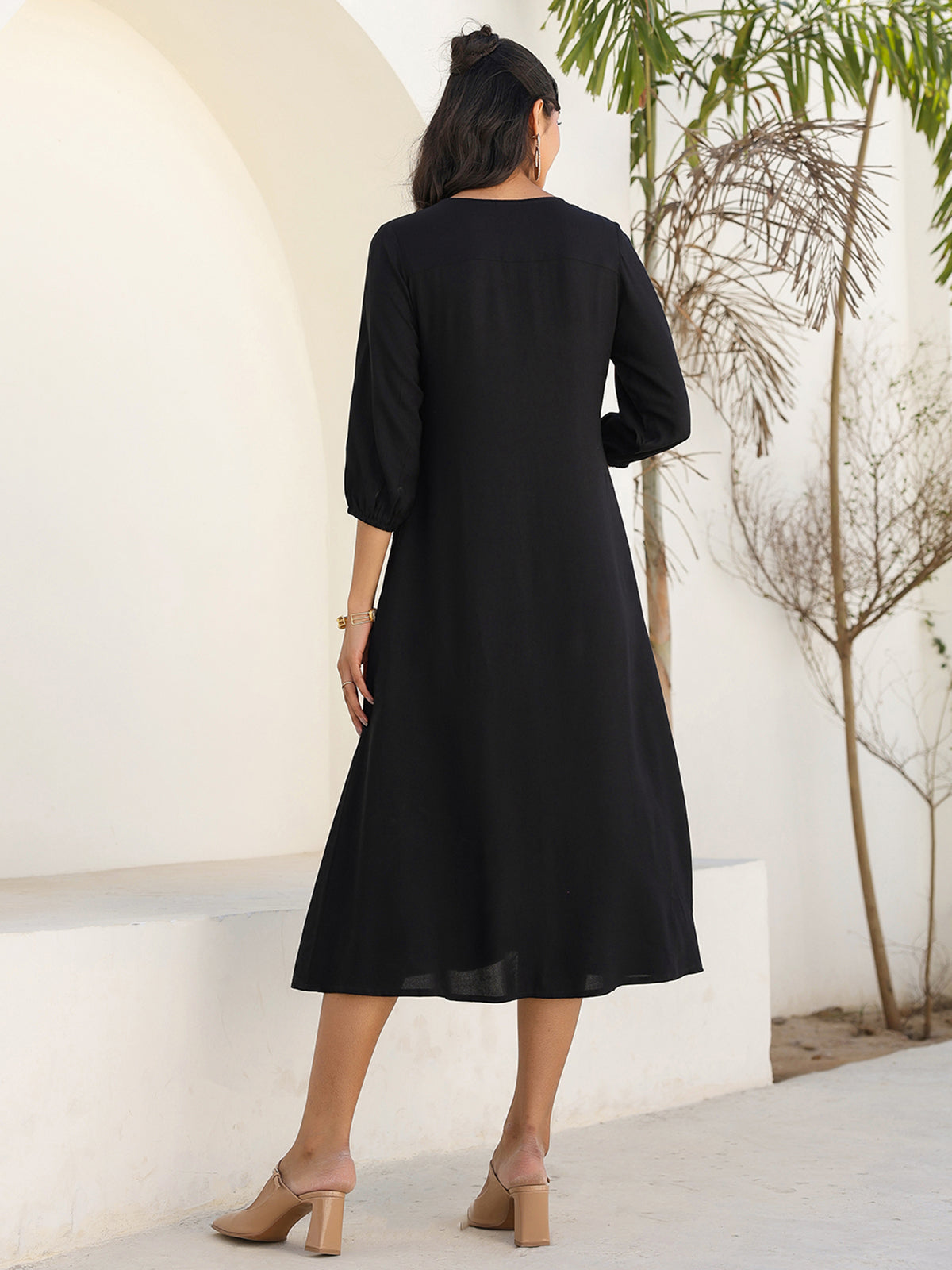 Janasya Dark Rayon Solid A-Line DRESS | Swadesiicart