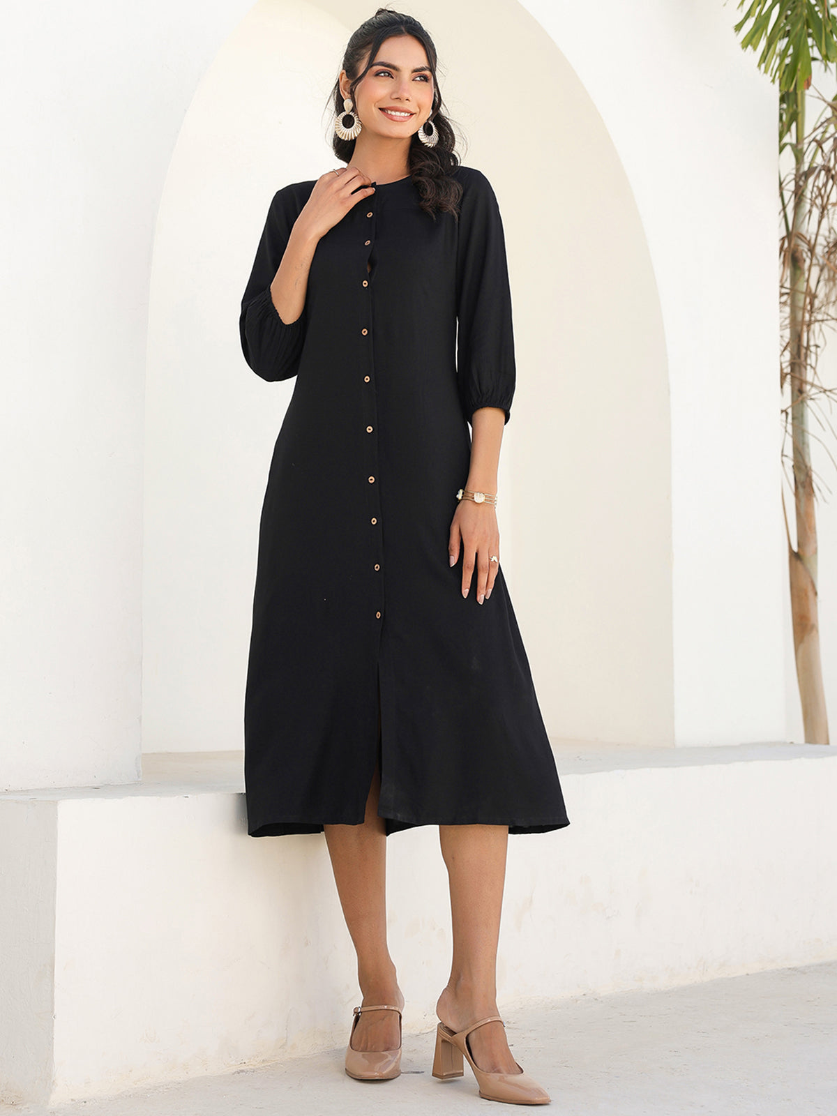 Janasya Dark Rayon Solid A-Line DRESS | Swadesiicart