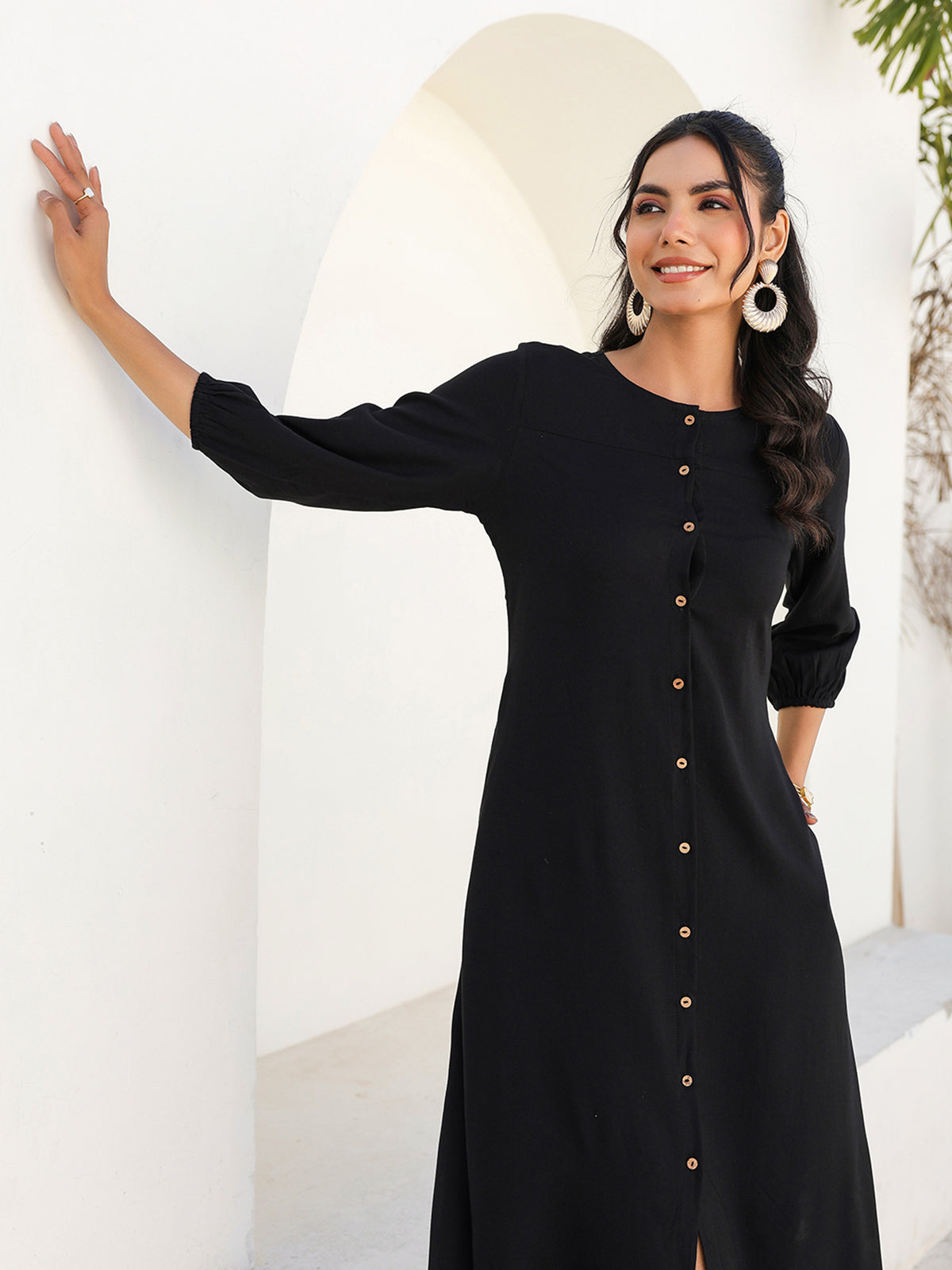 Janasya Dark Rayon Solid A-Line DRESS | Swadesiicart
