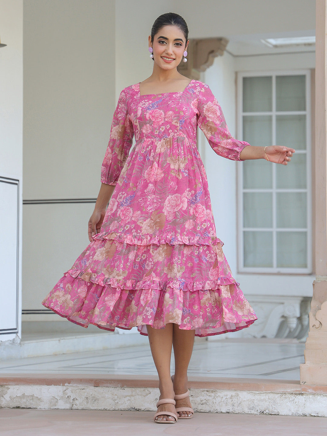 Janasya Dark Georgette Floral Tiered Dress | Swadesiicart