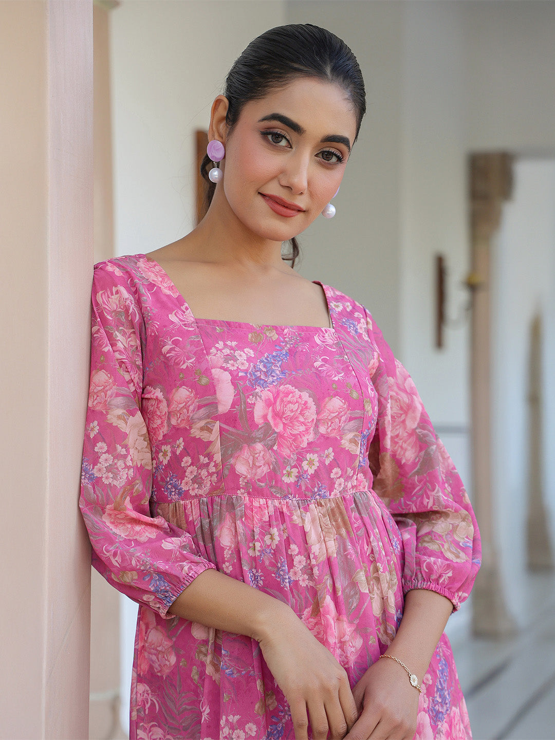 Janasya Dark Georgette Floral Tiered Dress | Swadesiicart