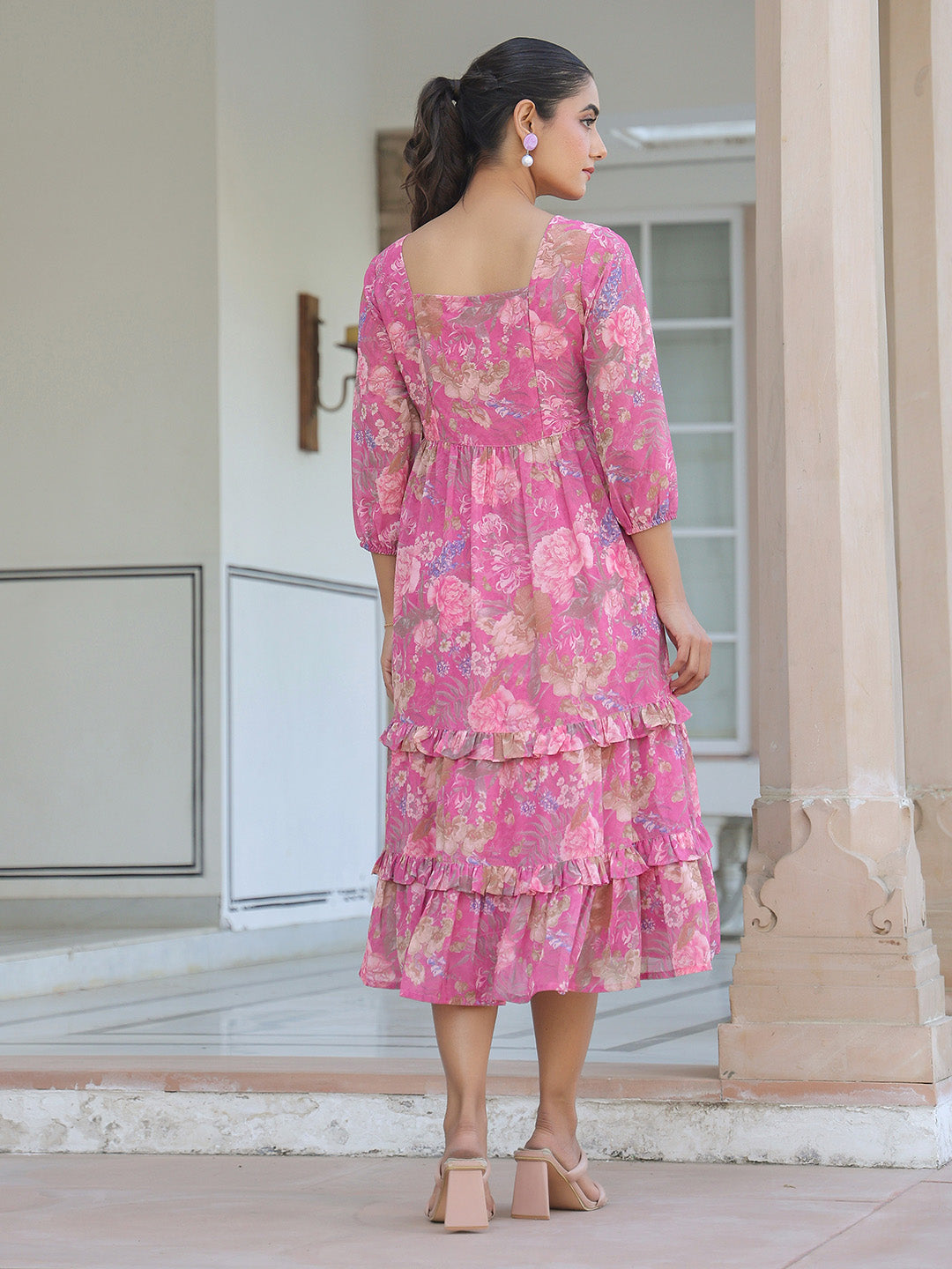 Janasya Dark Georgette Floral Tiered Dress | Swadesiicart