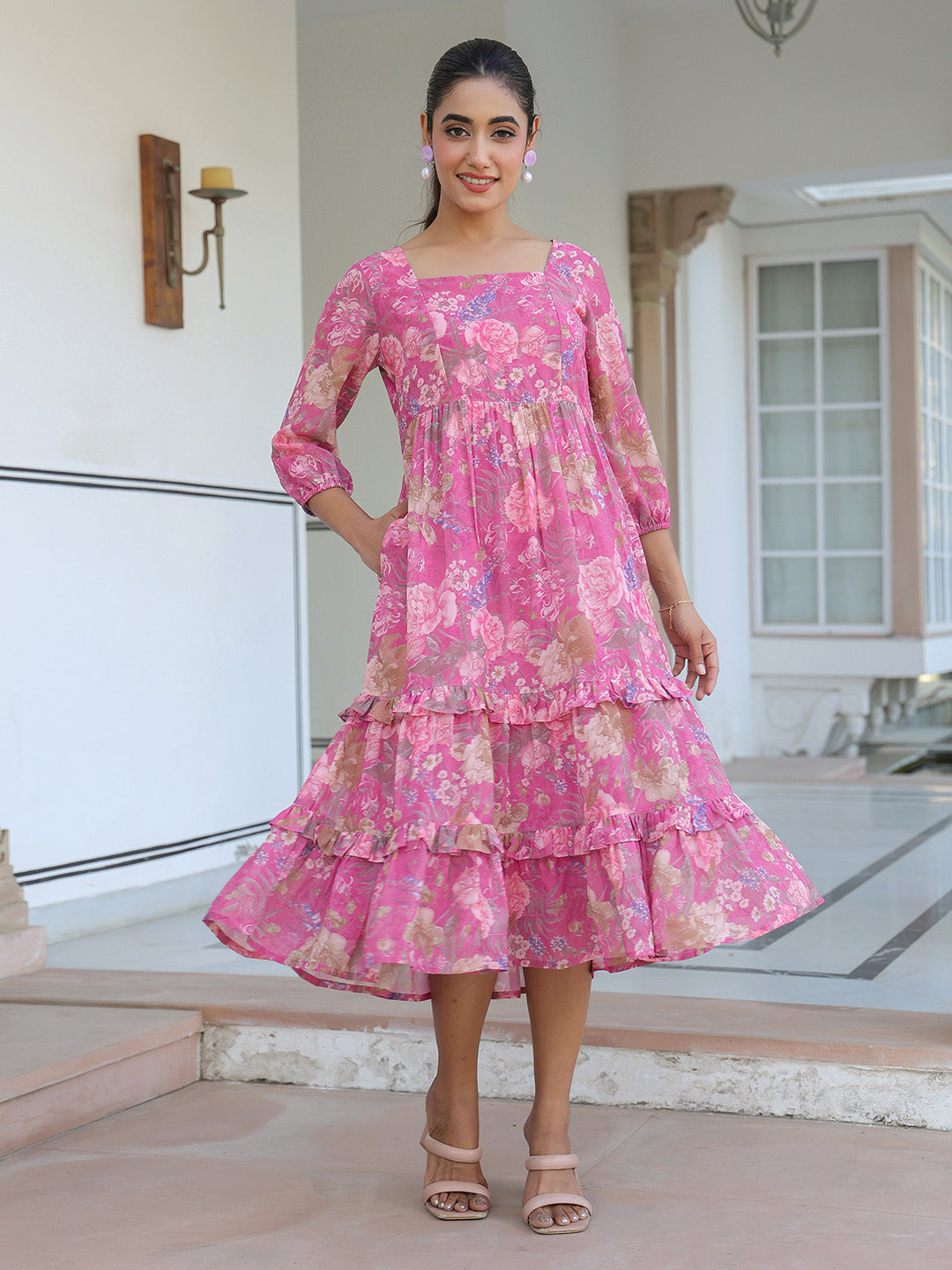 Janasya Dark Georgette Floral Tiered Dress | Swadesiicart