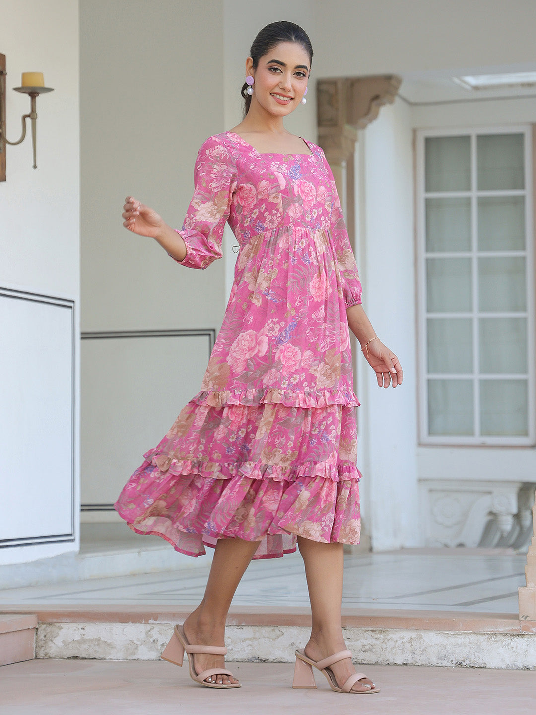 Janasya Dark Georgette Floral Tiered Dress | Swadesiicart