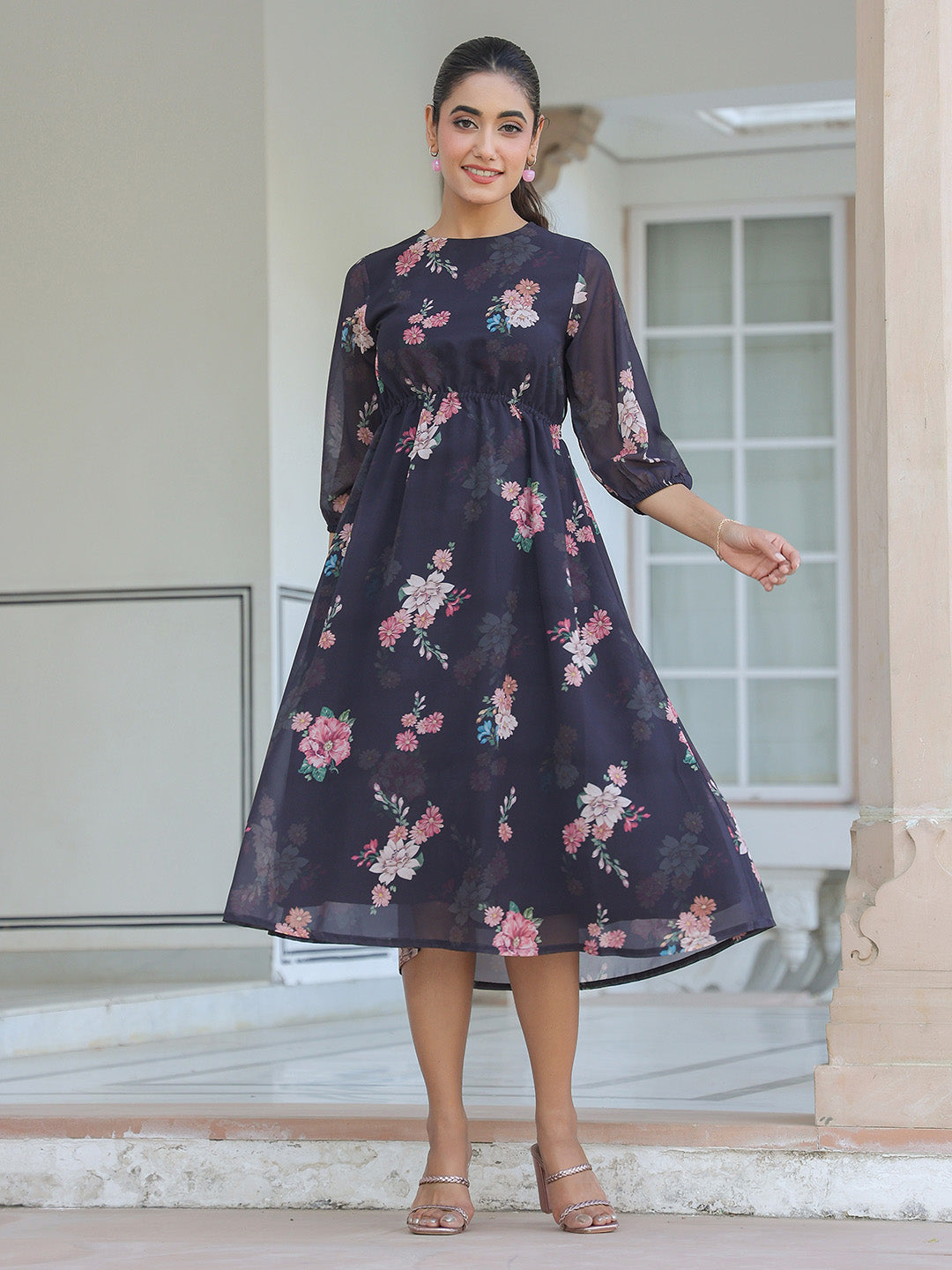 Janasya Dark Georgette Floral A-Line Dress | Swadesiicart