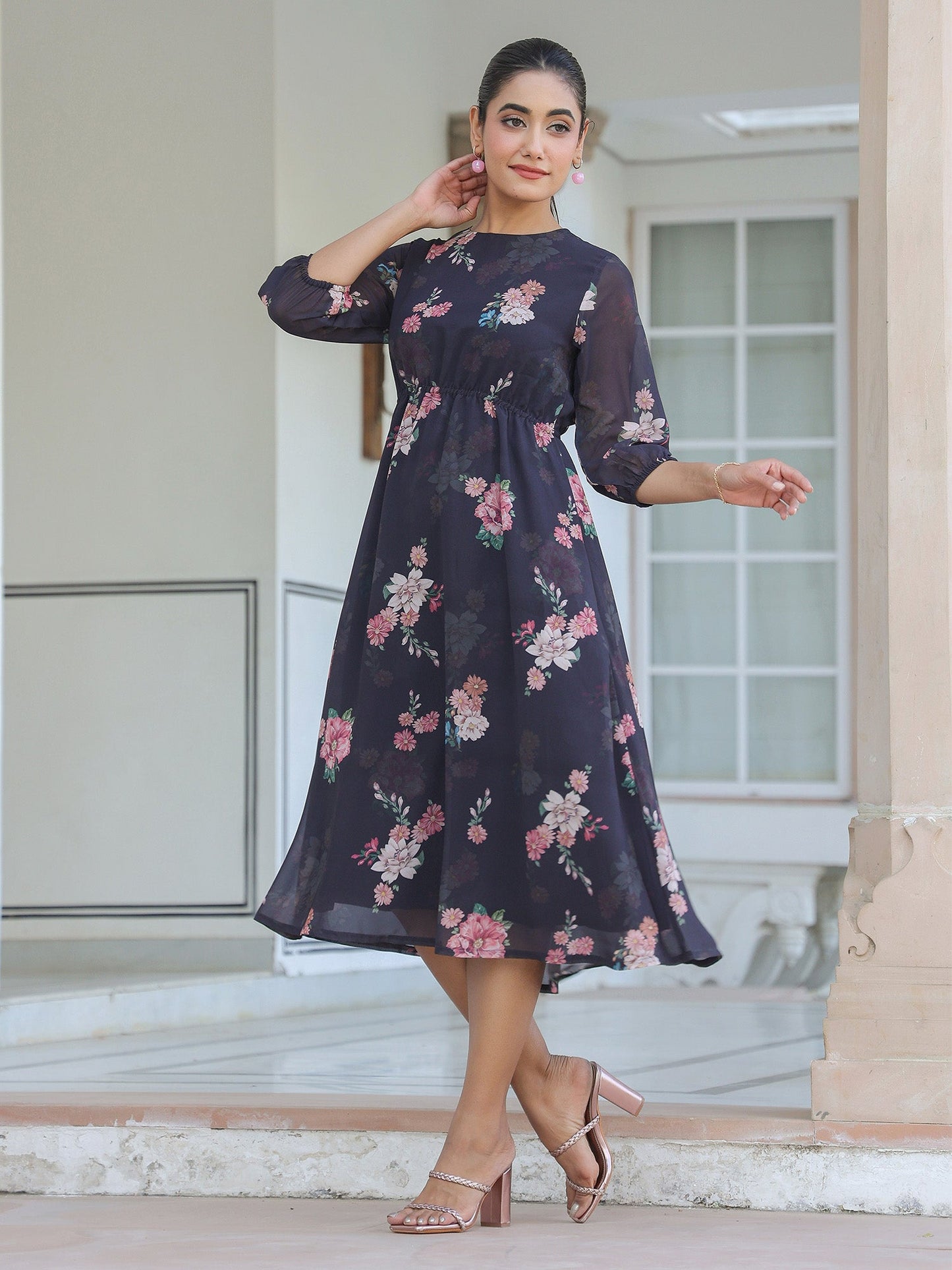 Janasya Dark Georgette Floral A-Line Dress | Swadesiicart