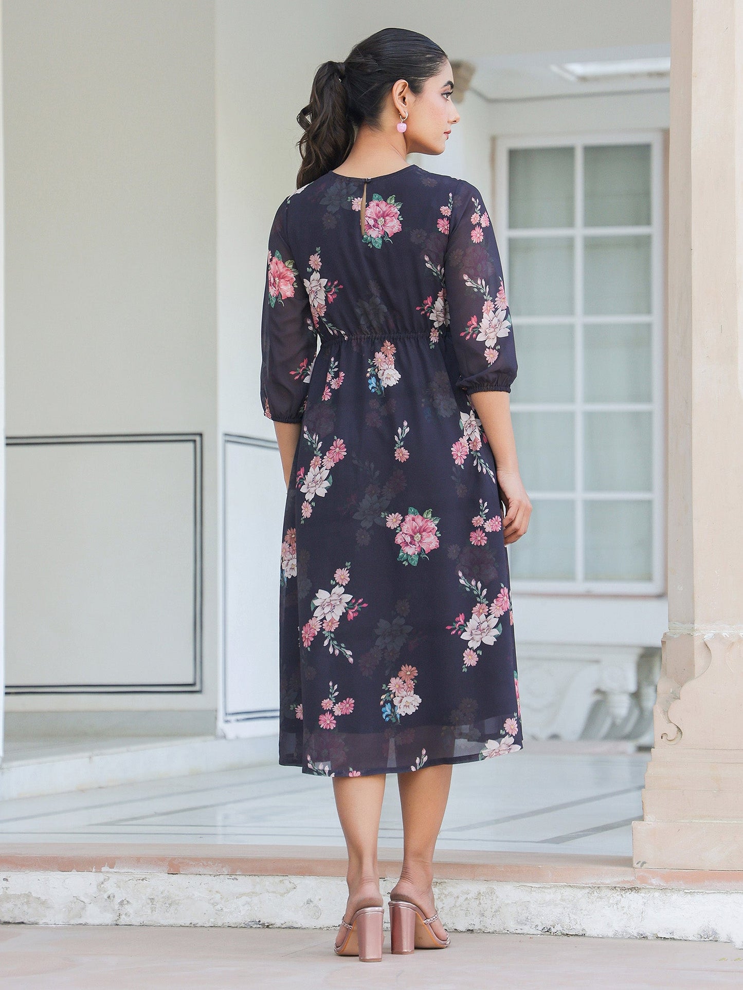 Janasya Dark Georgette Floral A-Line Dress | Swadesiicart