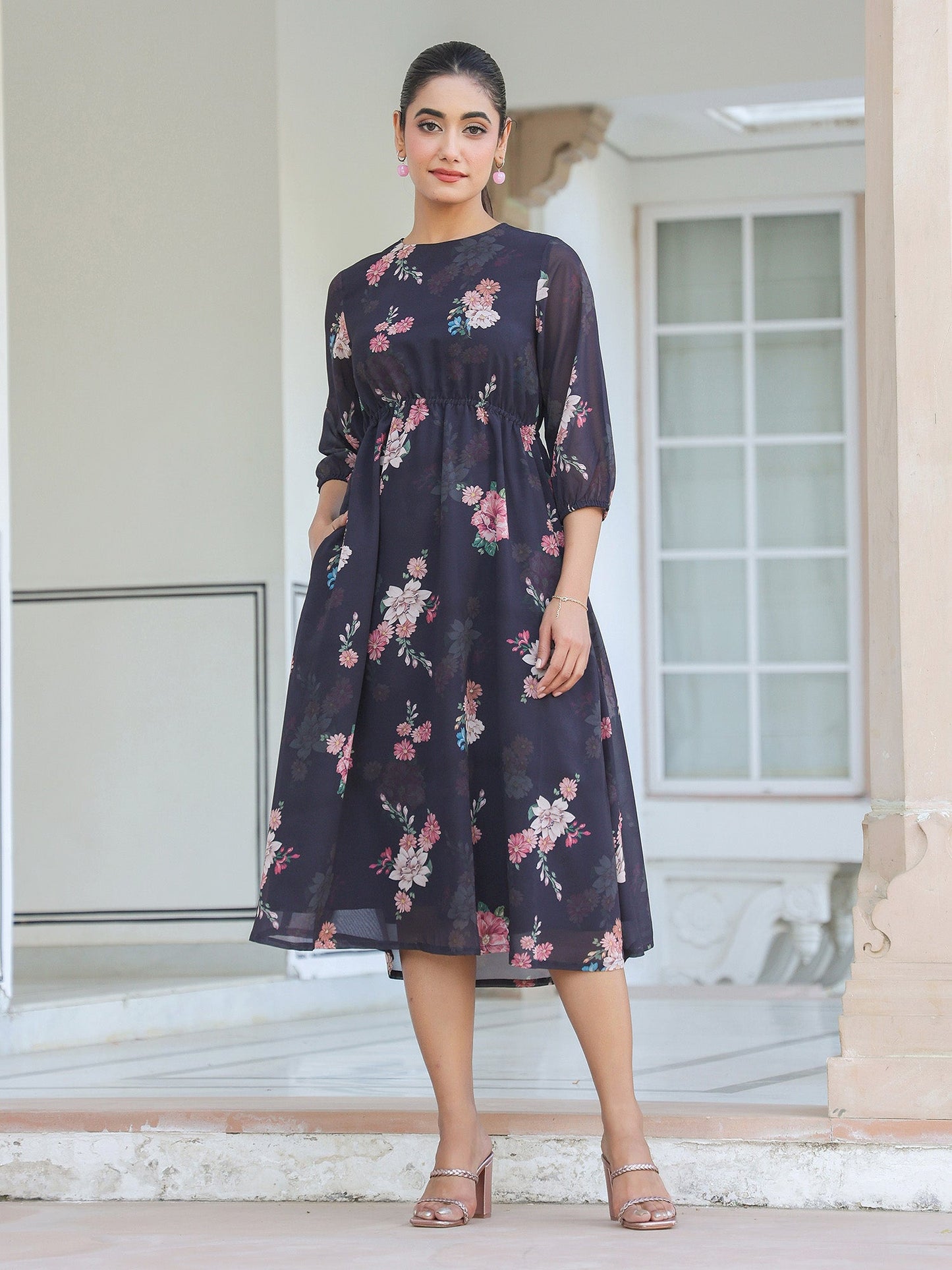 Janasya Dark Georgette Floral A-Line Dress | Swadesiicart